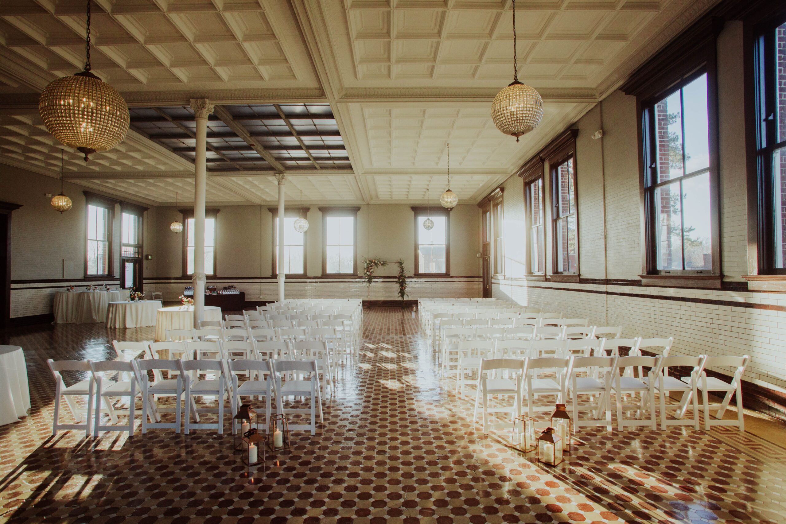 Beautiful rustic church interior with wooden beams and natural light streaming through windows.